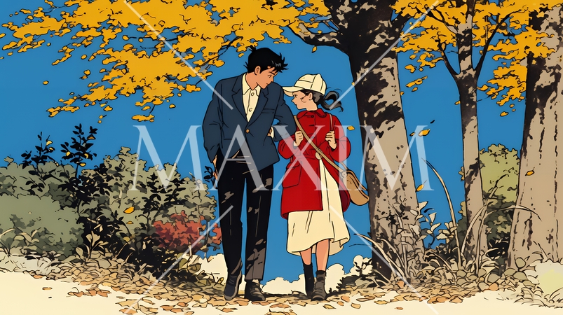 紅葉の公園でデートをしている若い男女のカップル