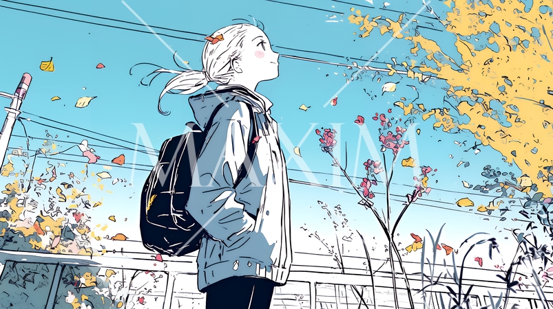 紅葉の秋の公園を歩く若い女性