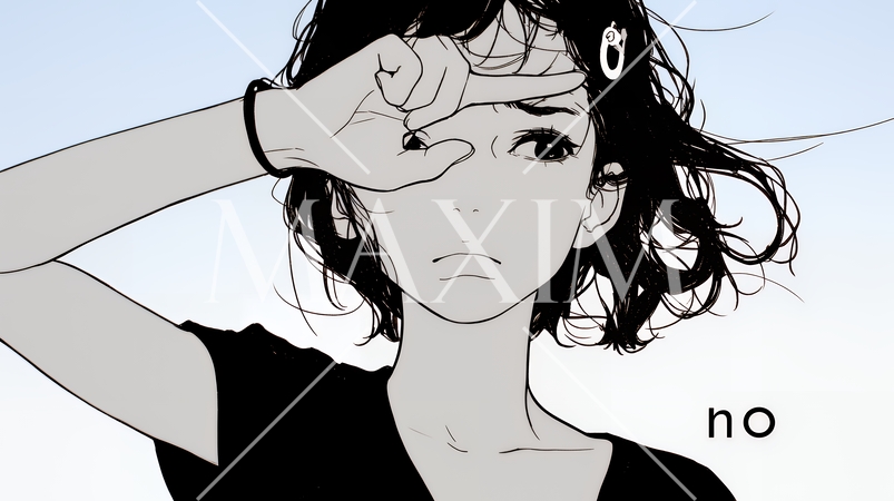 額に手を当てて「困ったな」ポーズをしている若い女性（シンプルな色使い）