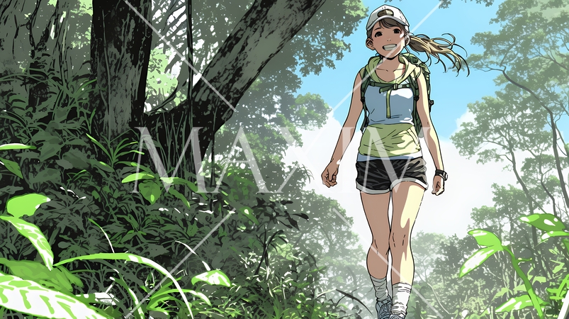 初夏の森でトレッキングを楽しむ若い女性｜新緑とアウトドアの爽やかなライフスタイル