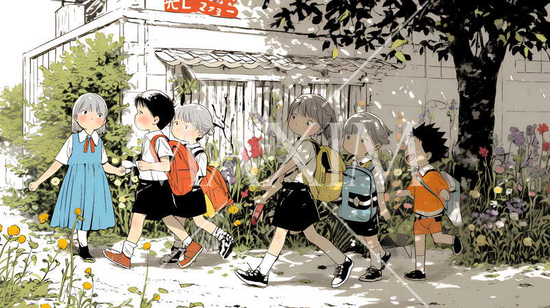 集団で登校中の幼い子供たち