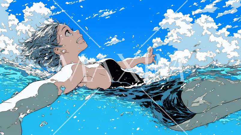 海で泳いでいる若い女性