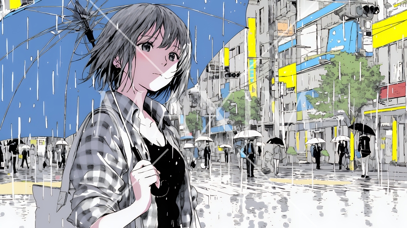 雨の日に傘をさして歩く若い女性