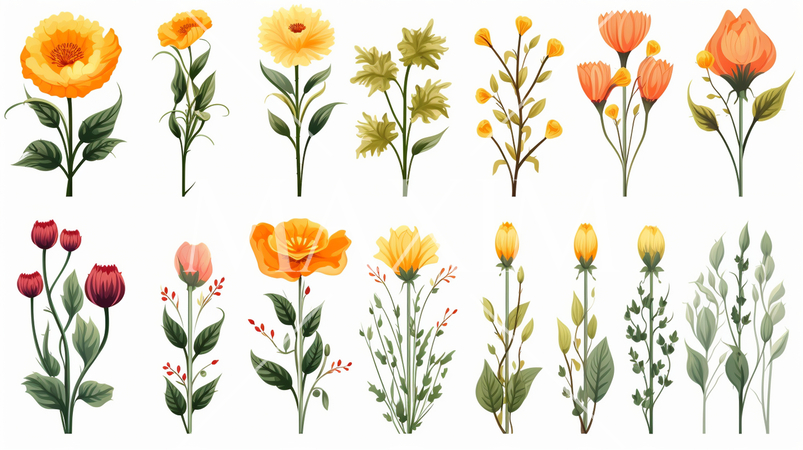 バリエーション豊かな色々な花のアイコンのリファレンスシート