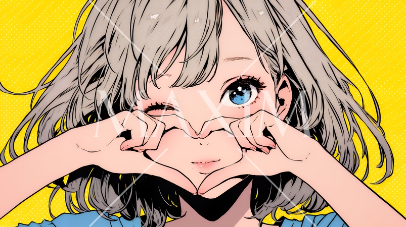 ハートマークを手で作り愛情表現をしている若い女性