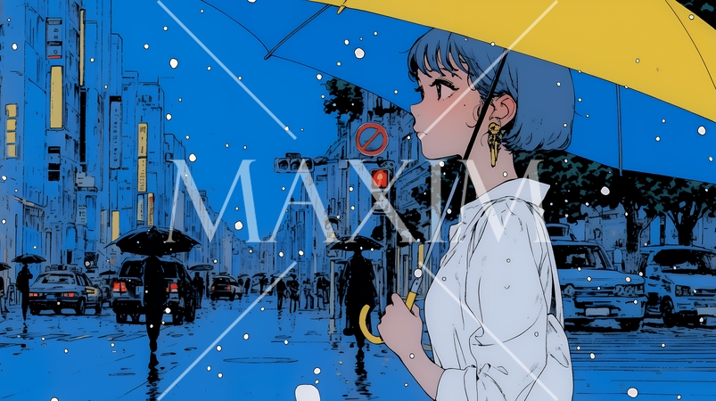 雨の日に傘をさして歩く若い女性