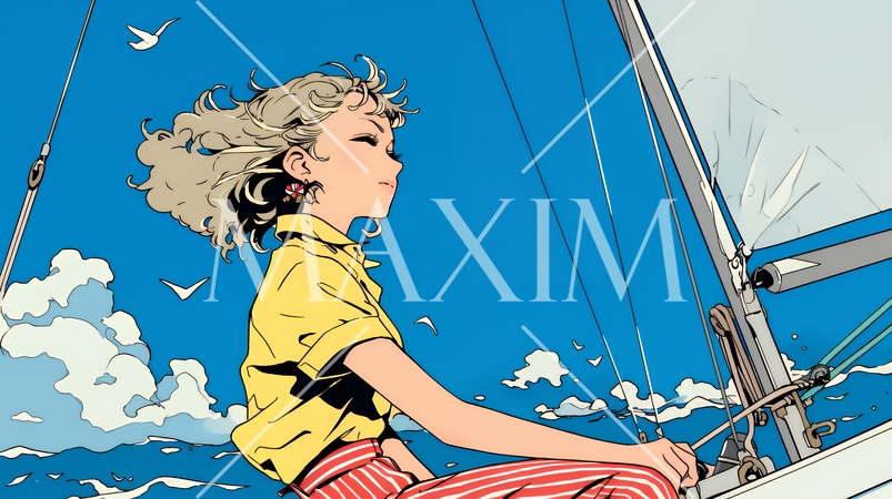 ヨットに乗っている若い女性