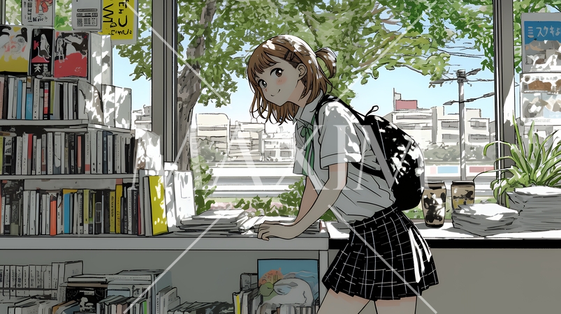 書店で本を選ぶ女子高生