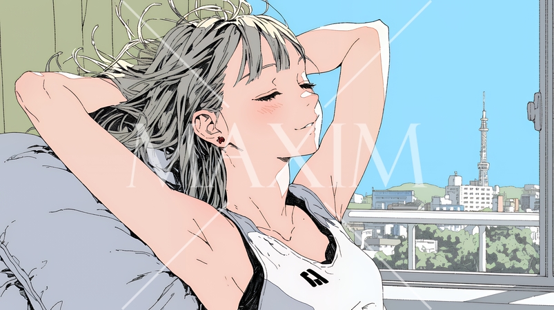 朝の目覚ましを止めて伸びをしている若い女性