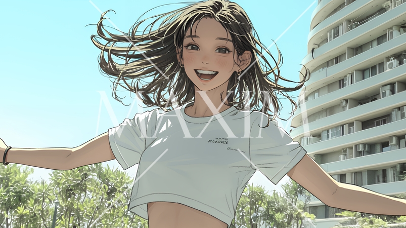 喜びにあふれ、軽やかにスキップする若い女性