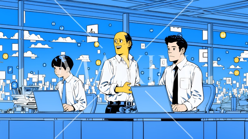 ITビジネスとクラウド技術のコンセプト｜ノートPCで働くチームとデータネットワークのイメージ