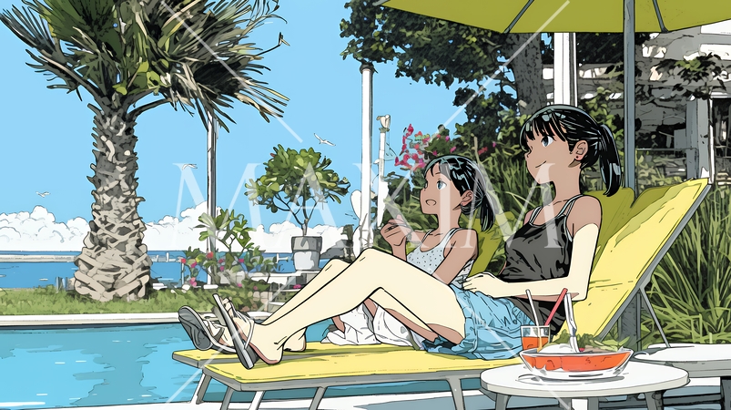 プールサイドのデッキチェアで談笑する女友達たち｜夏のリゾートで過ごすリラックスしたライフスタイルイメ