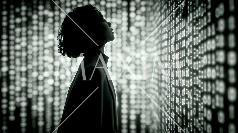 デジタルデータと日本人ビジネスウーマン｜AI・IT時代のテクノロジーイメージ（バイナリーコード）