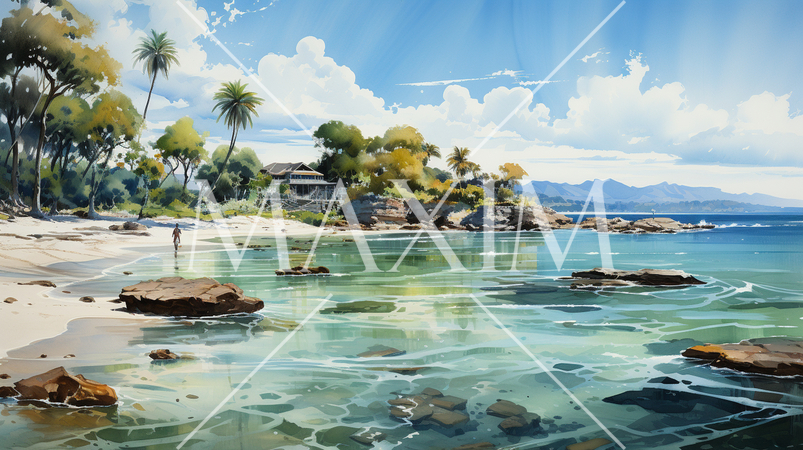 夏の離島の海岸風景：水彩画