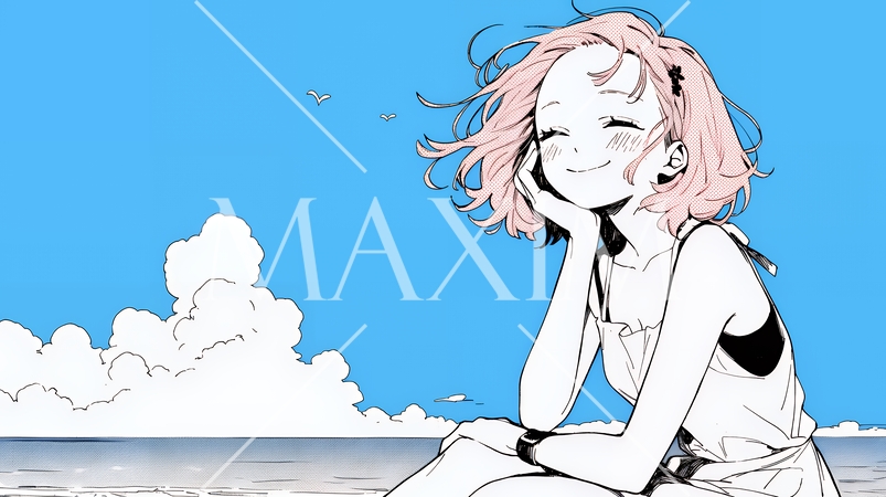 一人旅の若い女性と夏のビーチの風景（シンプルな色使い）