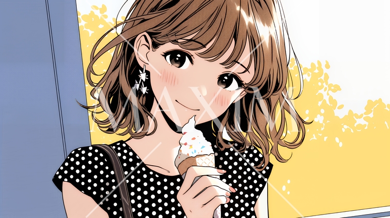 夏空の下でソフトクリーム（コーンに乗ったアイスクリーム）をたべる若い女性