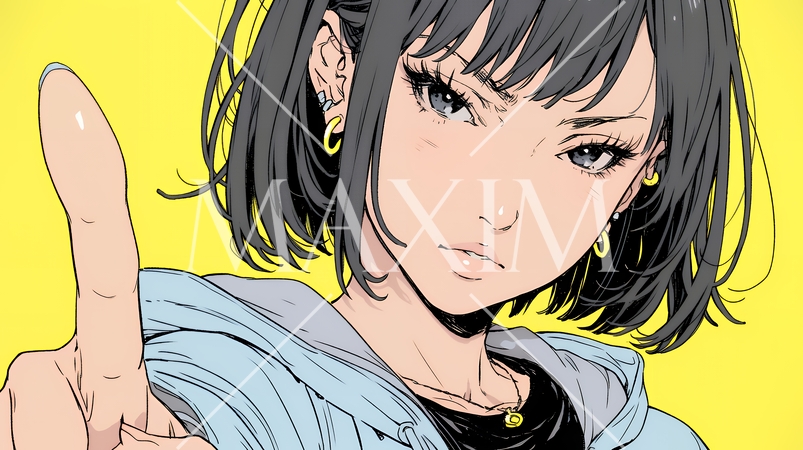 フィンガーガン（指でっぽう）を構えている若い女性