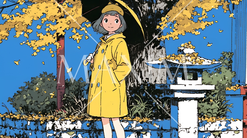 紅葉の小径を歩く若い女性