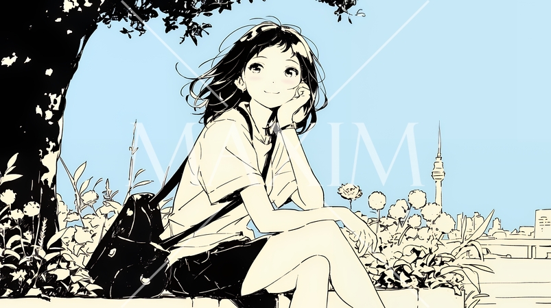 公園のベンチでひとり静かにくつろぐ若い女性（シンプルな色使い）