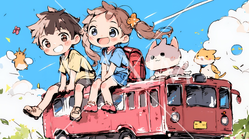 小学生の夏の思い出：電車に乗って家族旅行（クレヨン＋水彩画風）