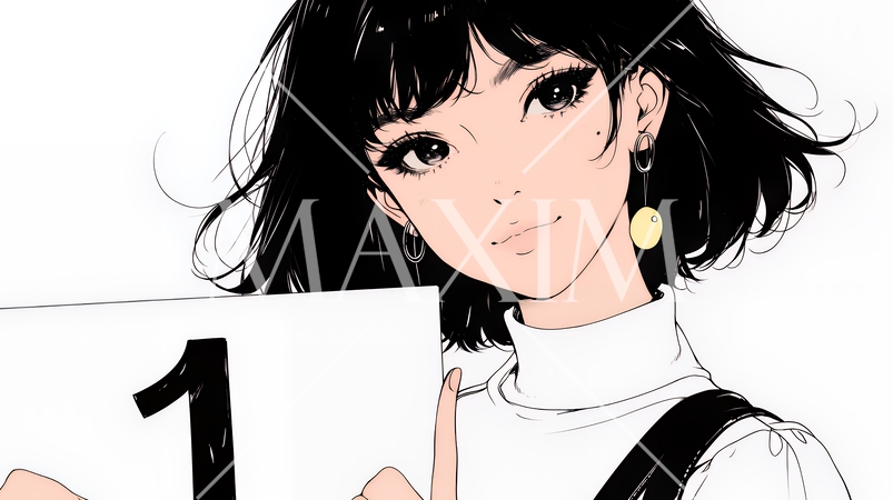 数字の「1」を掲げている若い女性（シンプルな色使い）