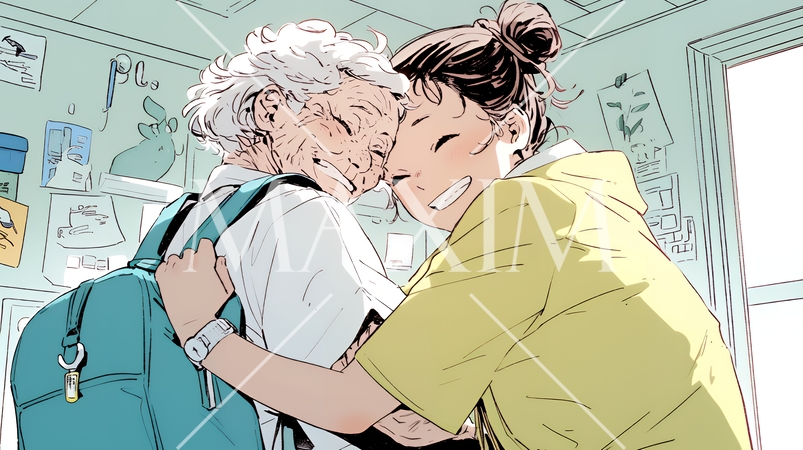 老人福祉施設でゆったりと過ごす老人と仲の良い介護士