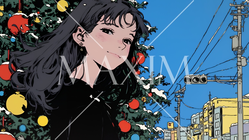 ホワイトクリスマスの街を歩く若い女性