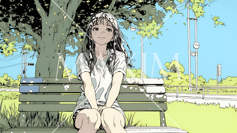 公園のベンチでひとり静かにくつろぐ若い女性