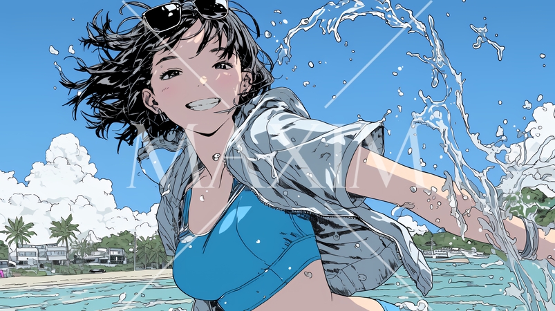 ビキニ姿で沖縄の海で水と遊んでいる若い女性