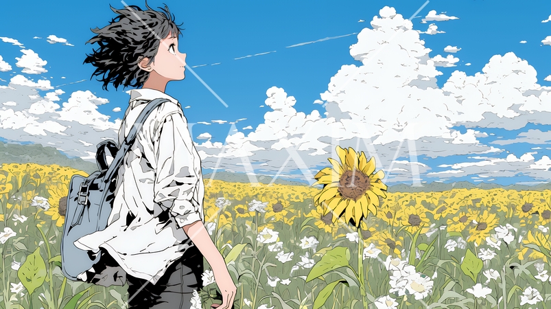 真夏の青空のもと、ヒマワリ畑を散策している若い女性