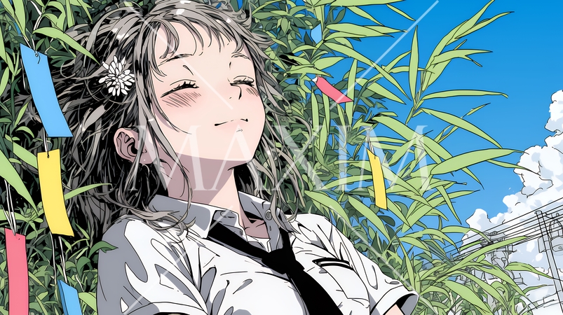 七夕飾りと制服を着た女子高生