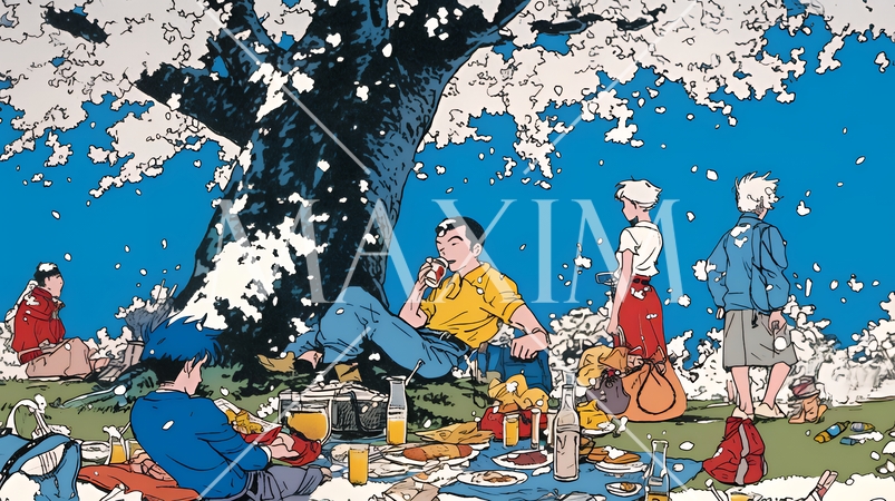 満開の桜の下で仲間たちと花見宴会