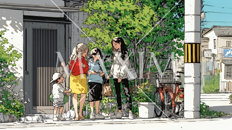道端で会話を楽しむ若い主婦たち（ママ友たち）
