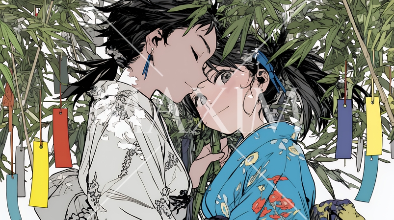 七夕飾りと和服を着た若い女性