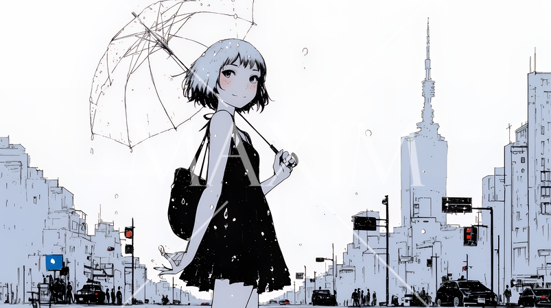 雨の中を歩く女性（シンプルな色使い）