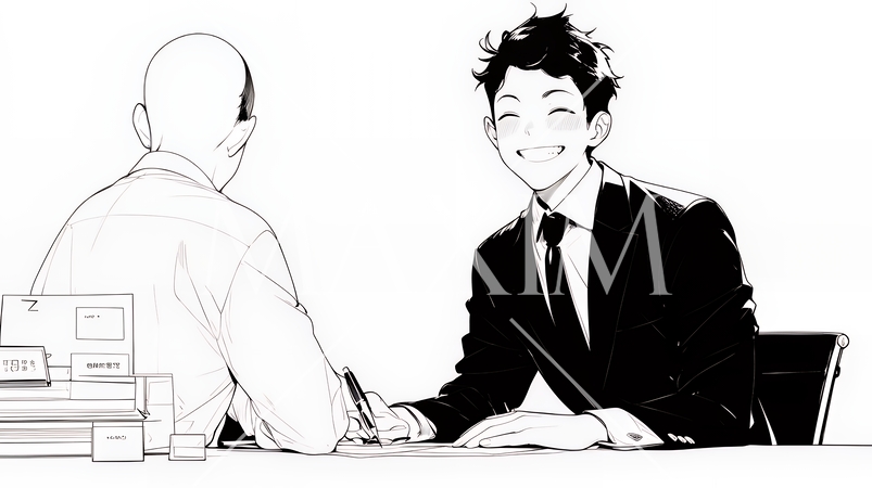 二人でミーティング（面談・インタビュー・会議）の場面（シンプルな色使い）