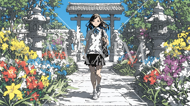 満開の春の花々と若い女性