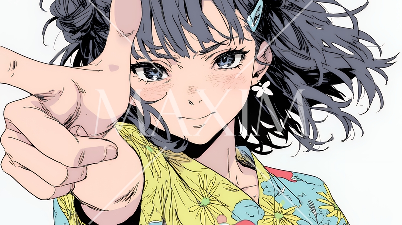 フィンガーガン（指でっぽう）を構えている若い女性