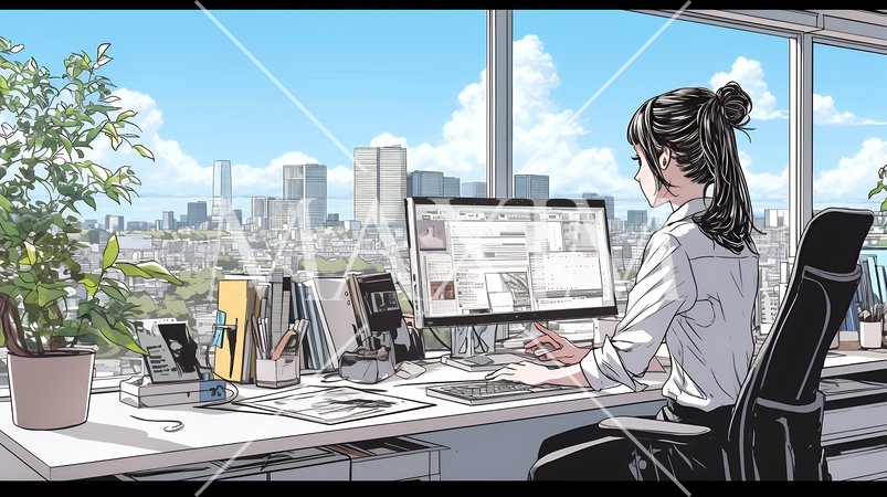 職場のデスクでパソコンに向かって仕事をしているビジネスウーマン