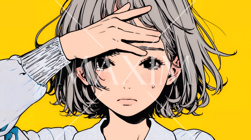 額に手を当てて「困ったな」ポーズをしている若い女性