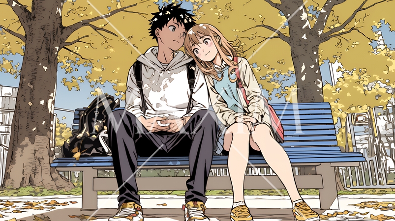 紅葉の下でいちゃついている若いカップル