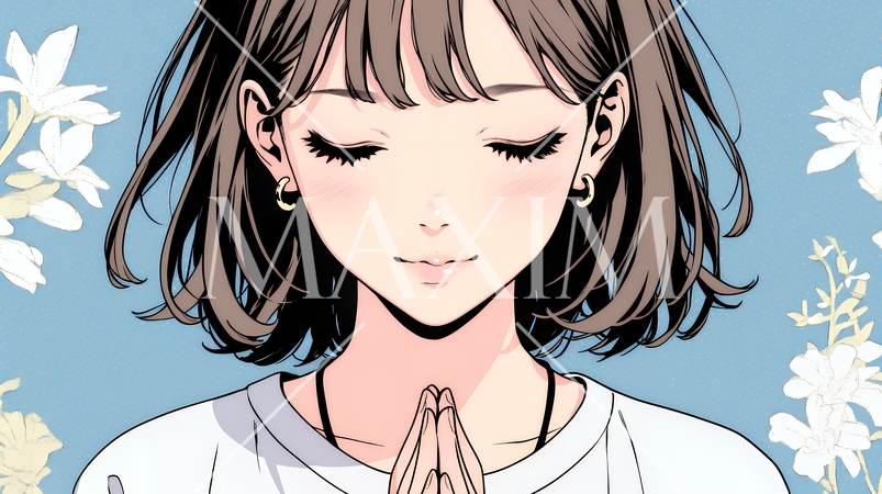 手を合わせてお祈りをしている若い女性