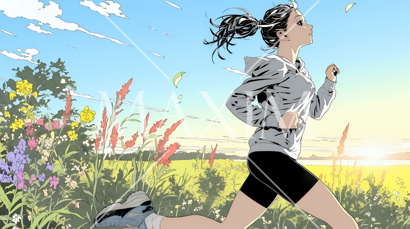 夕日を背景にジョギングをする若い女性