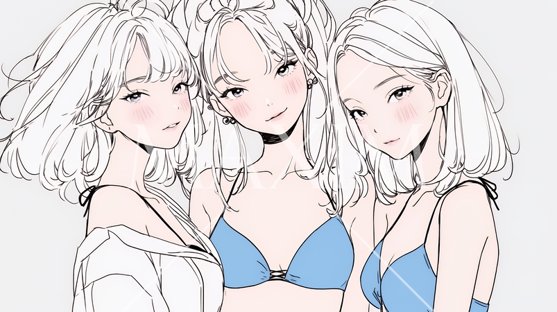 ビーチリゾートを満喫する若い女友達たち（シンプルな色使い）