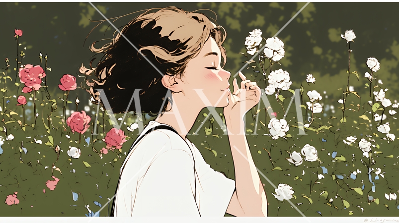 バラ園を散策している若い女性（シンプルな色使い）