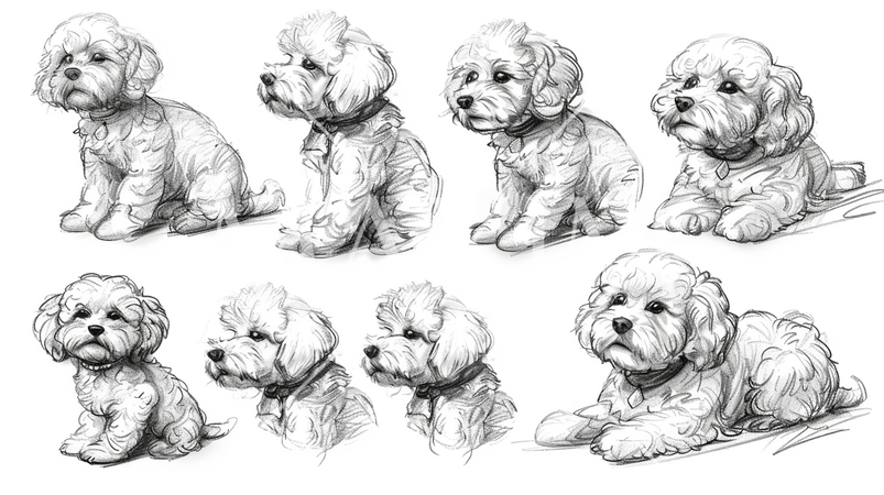 色々なポーズのトイプードル：鉛筆画