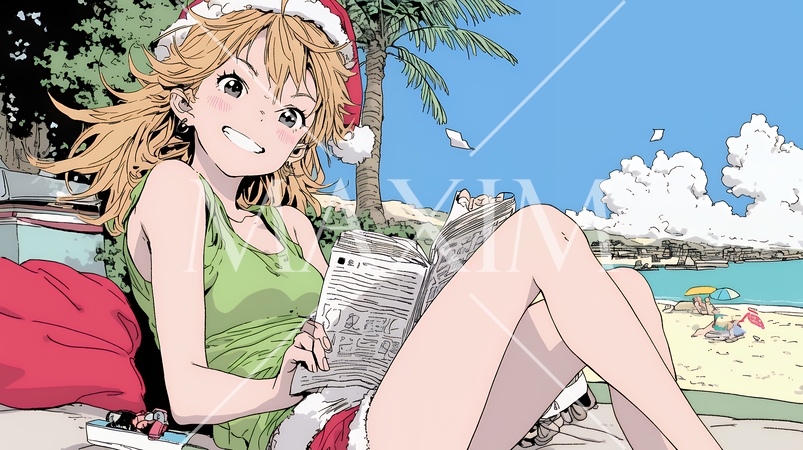 真夏（南半球）のビーチで活動中の女性のサンタクロース