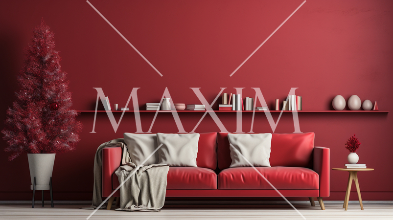 クリスマスツリー飾りのある赤色基調の居間