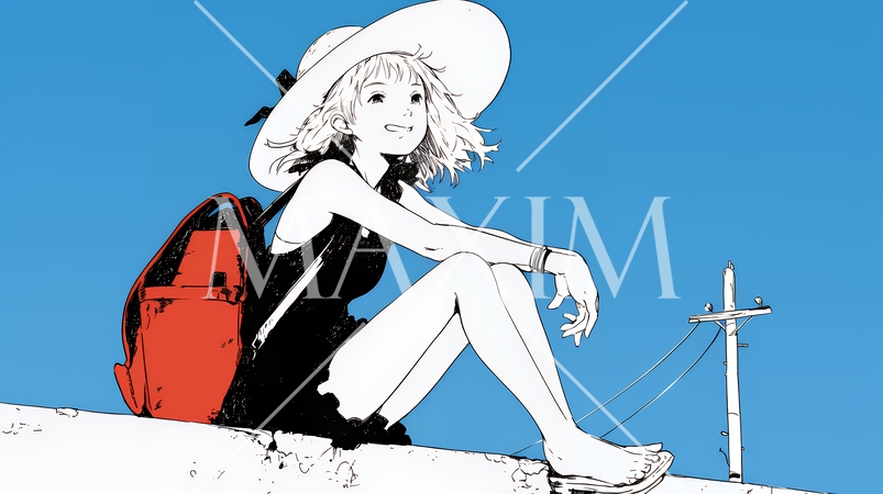 一人旅の若い女性と夏の海辺の風景（シンプルな色使い）