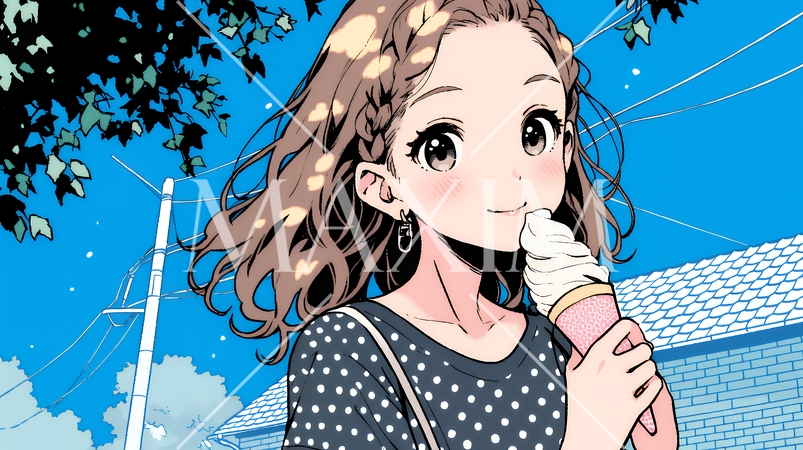 夏空の下でソフトクリーム（コーンに乗ったアイスクリーム）をたべる若い女性